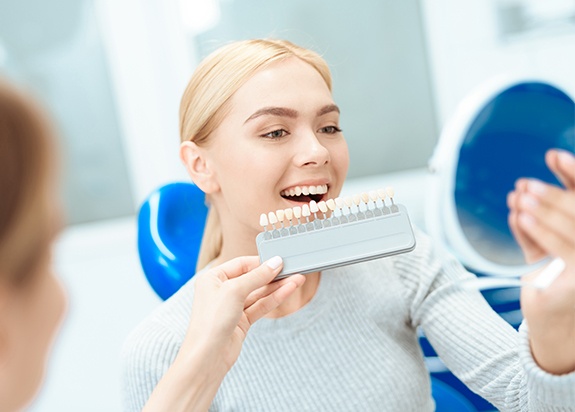 Woman's smile compared with Lumineers shade chart