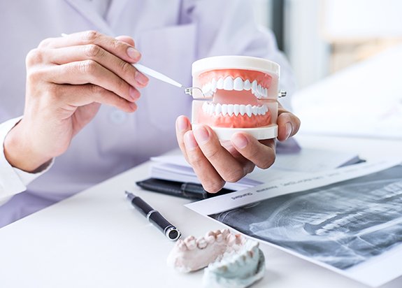 Dentist showing patient a model smile during treatment planning